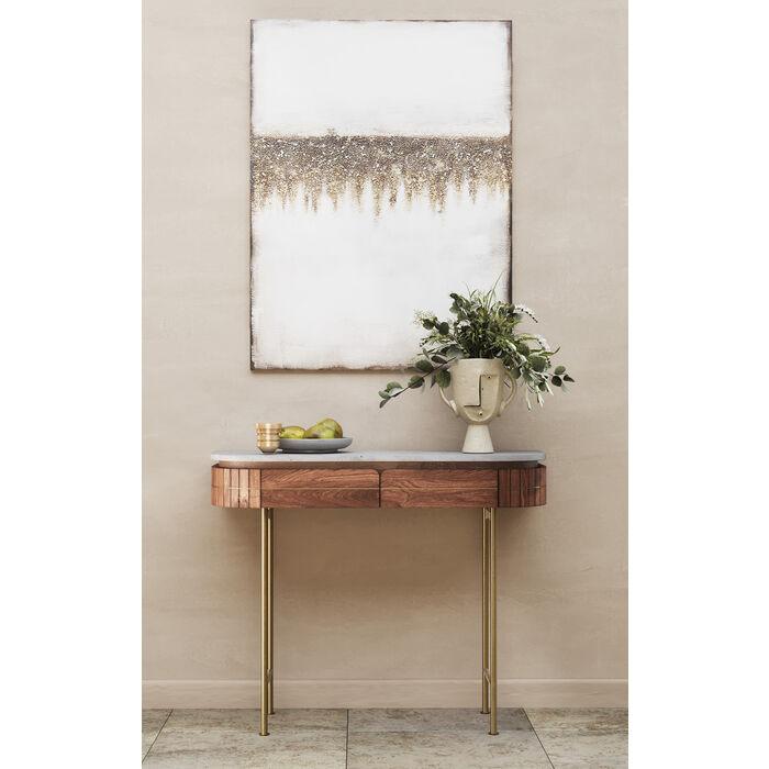 Console ovale en bois de luxe avec plateau en marbre et pieds dorés – table d'appoint moderne avec tiroirs 100 cm | Restfield